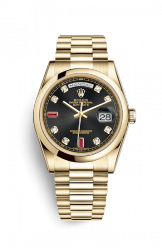 Remontoir à montres pour montre Rolex Day-Date 36 Day-Date 36 Yellow Or Domed / President / Noire Diamonds Rubies