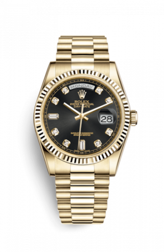 Remontoir à montres pour montre Rolex Day-Date 36 Day-Date 36 Yellow Or Fluted / President / Noire Diamonds