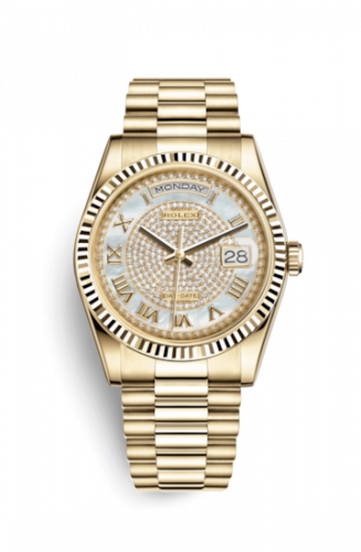 Remontoir à montres pour montre Rolex Day-Date 36 Day-Date 36 Yellow Or Fluted / President Diamond / Paved Roman