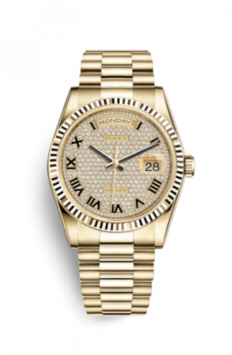 Remontoir à montres pour montre Rolex Day-Date 36 Day-Date 36 Yellow Or Fluted / President / Paved Roman