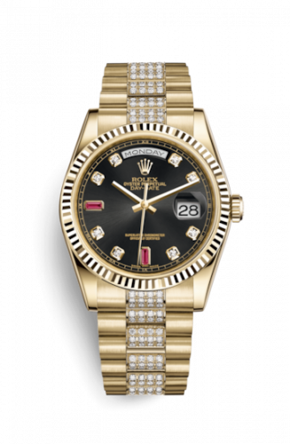 Remontoir à montres pour montre Rolex Day-Date 36 Day-Date 36 Yellow Or Fluted / President Diamonds / Noire Diamonds Rubies