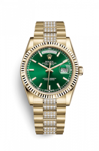 Remontoir à montres pour montre Rolex Day-Date 36 Day-Date 36 Yellow Or Fluted / President Diamonds / Verte