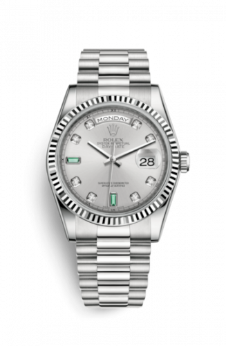 Remontoir à montres pour montre Rolex Day-Date 36 Day-Date 36 Or Blanc Fluted / President / Argent Diamond Emerald