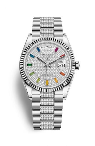 Remontoir à montres pour montre Rolex Day-Date 36 Day-Date 36 Or Blanc / Fluted / Paved-Rainbow / President-Diamond