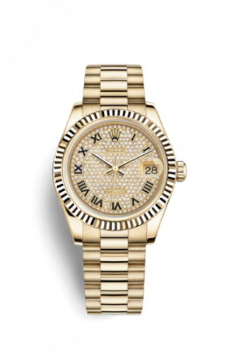 Remontoir à montres pour montre Rolex Datejust 31 Datejust 31 Yellow Or Fluted / President / Paved Roman