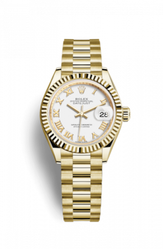Remontoir à montres pour montre Rolex Lady-Datejust Lady-Datejust 28 Yellow Or Fluted / President / Blanc Roman
