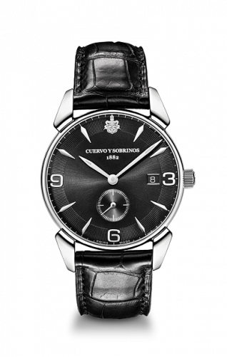 Remontoir à montres pour montre Cuervo y Sobrinos Historiador Historiador Segundos Pequeños Vintage Stainless Steel / Noire / Alligator