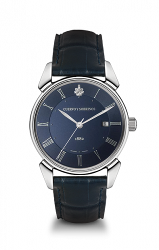 Remontoir à montres pour montre Cuervo y Sobrinos Historiador Historiador Segundos Centrales Stainless Steel / Bleu / Alligator