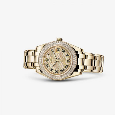 Remontoir à montres pour montre Rolex Pearlmaster Datejust Pearlmaster 34 Yellow Or Double Diamond Paved Roman