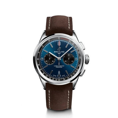 Remontoir à montres pour montre Breitling Premier Premier B01 Chronograph 42 Stainless Steel / Bleu / Marron Nubuck / Pin