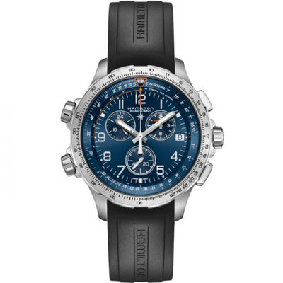 Remontoir à montres pour montre Hamilton Khaki Aviation Khaki Aviation X-Wind GMT Chrono Quartz Bleu / Rubber