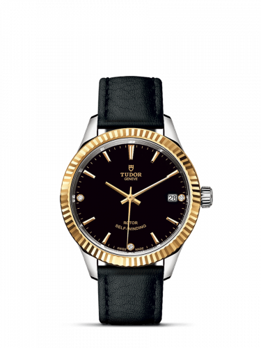 Watch Winder for watch Tudor Style Style 34 Stainless Steel / Yellow Gold / Fluted / Black-Diamond / Strap