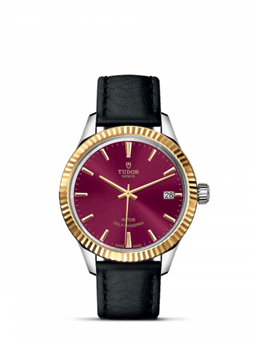 Watch Winder for watch Tudor Style Style 34 Stainless Steel / Yellow Gold / Fluted / Burgundy / Strap