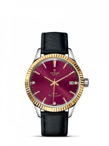 Watch Winder for watch Tudor Style Style 34 Stainless Steel / Yellow Gold / Fluted / Burgundy-Diamond / Strap