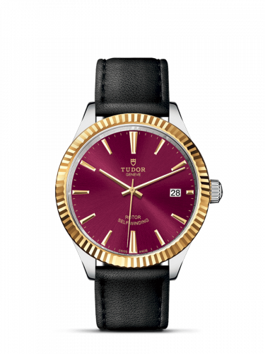 Watch Winder for watch Tudor Style Style 38 Stainless Steel / Yellow Gold / Fluted / Burgundy / Strap