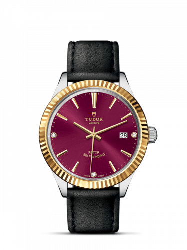 Watch Winder for watch Tudor Style Style 38 Stainless Steel / Yellow Gold / Fluted / Burgundy-Diamond / Strap