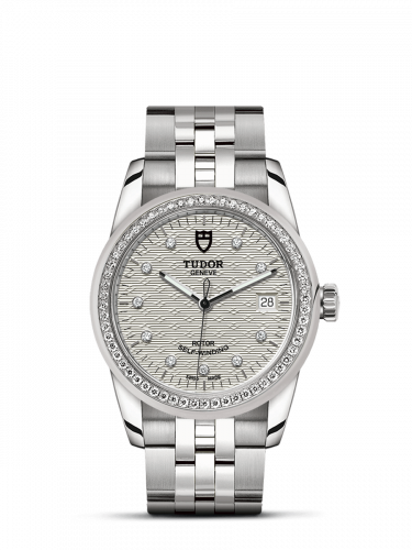 Remontoir à montres pour montre Tudor Glamour Glamour Date 36 Stainless Steel / Diamond / Jacquard Argent-Diamond / Bracelet