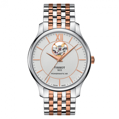 Remontoir à montres pour montre Tissot Tradition Tradition Powermatic 80 Open Heart 40 Stainless Steel / Rose Or PVD / Argent / Bracelet