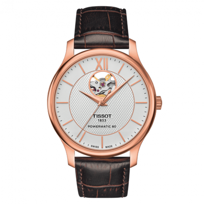 Remontoir à montres pour montre Tissot Tradition Tradition Powermatic 80 Open Heart 40 Rose Or PVD / Argent / Strap