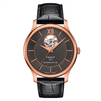 Remontoir à montres pour montre Tissot Tradition Tradition Powermatic 80 Open Heart 40 Rose Or PVD / Gris / Strap